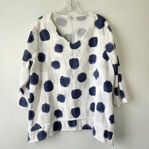 Kaktus Linen Top Women's M White Navy Polka Dot Beach Resortwear Vacation Chic